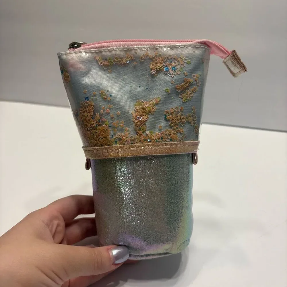 Star Confetti Telescopic Zippered Pencil Pouch Pink Silver